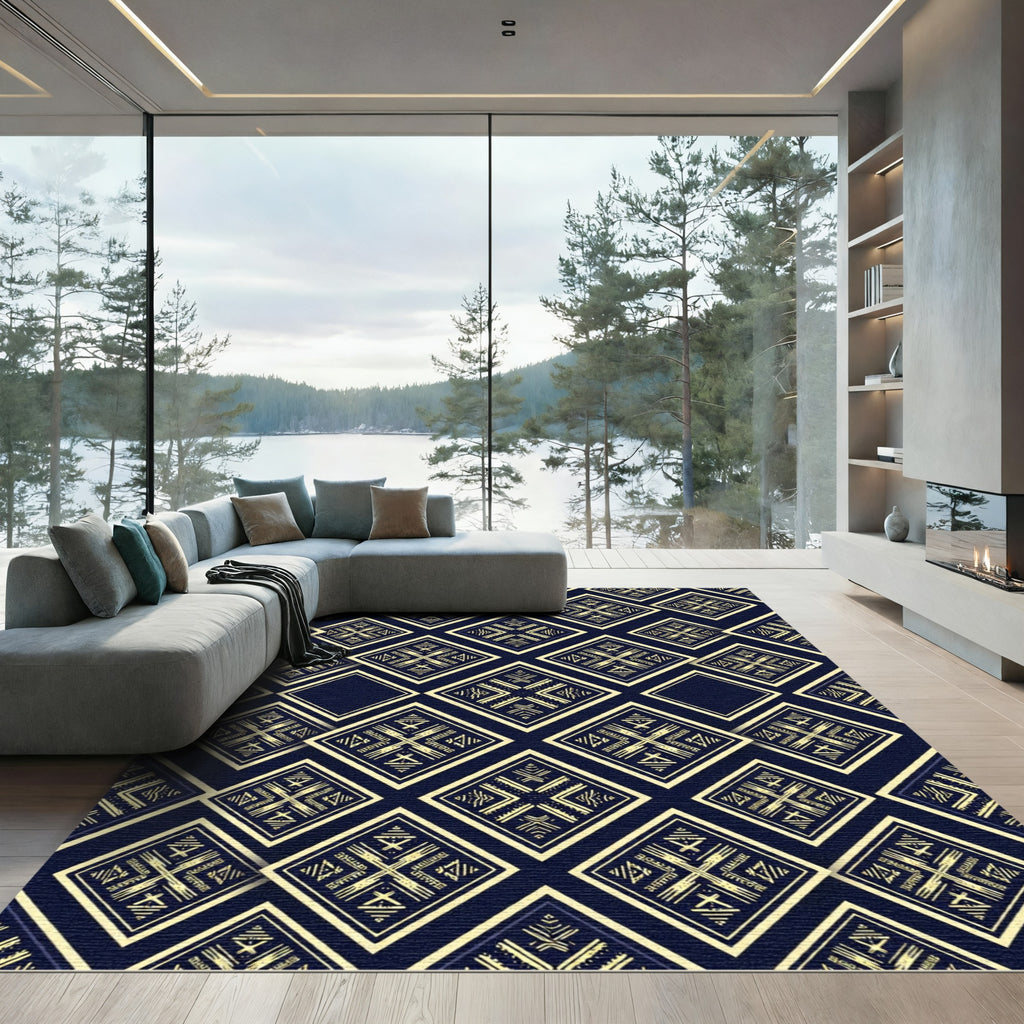 Golden Geometric Diamond Navy Tapestry Rug