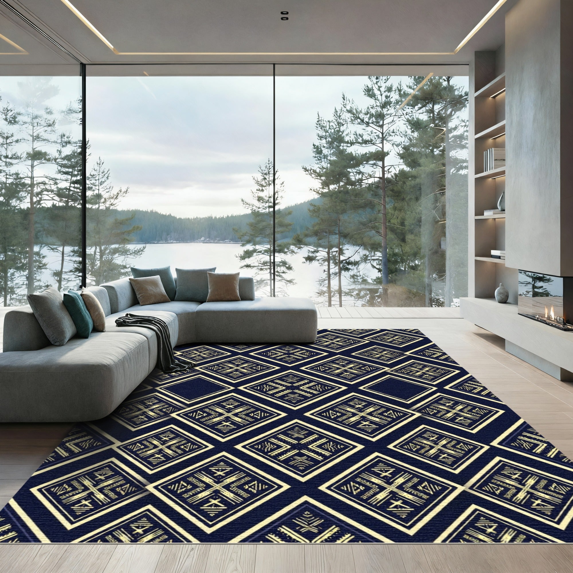 Golden Geometric Diamond Navy Tapestry Rug