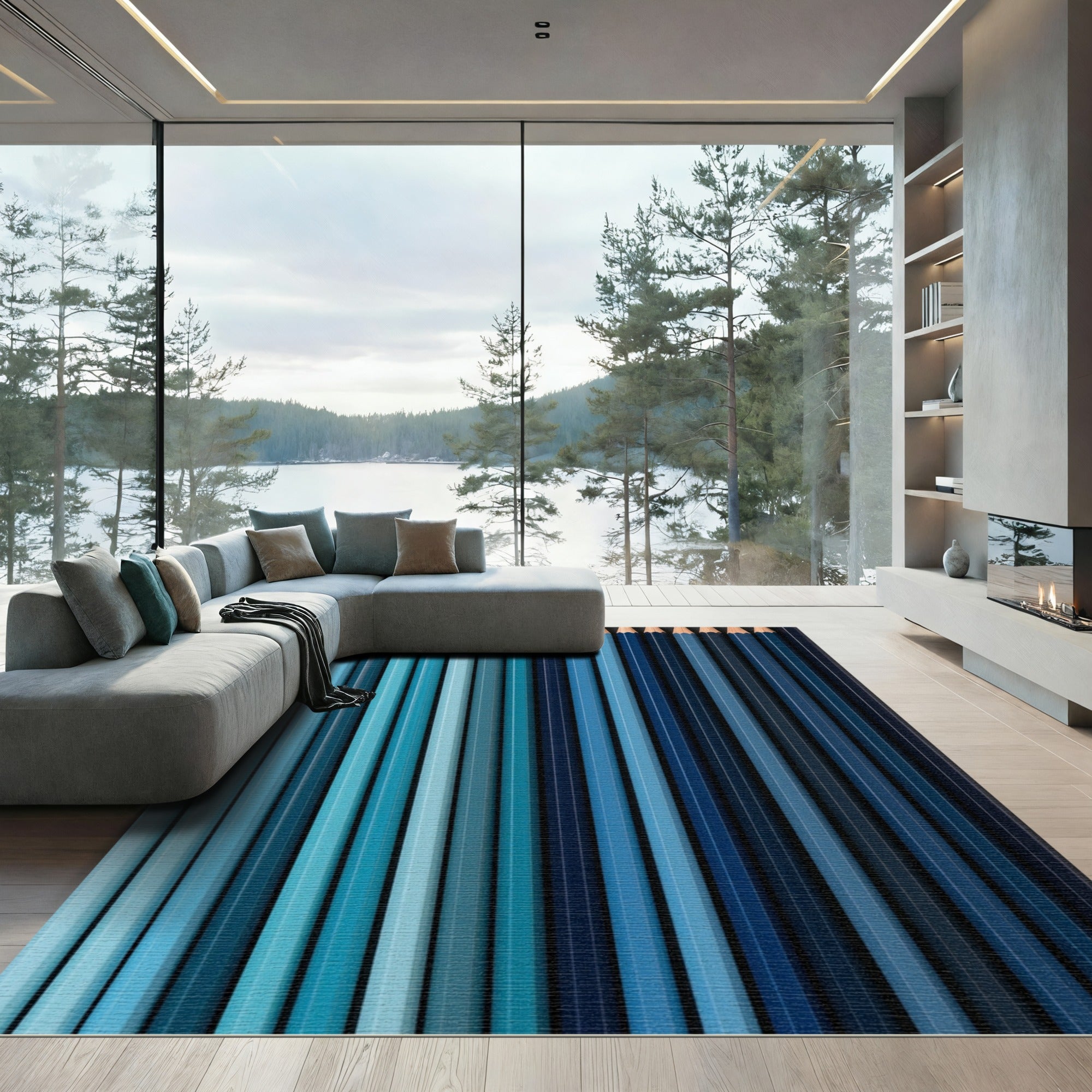 Aqua Blue Gradient Vertical Lines Rug
