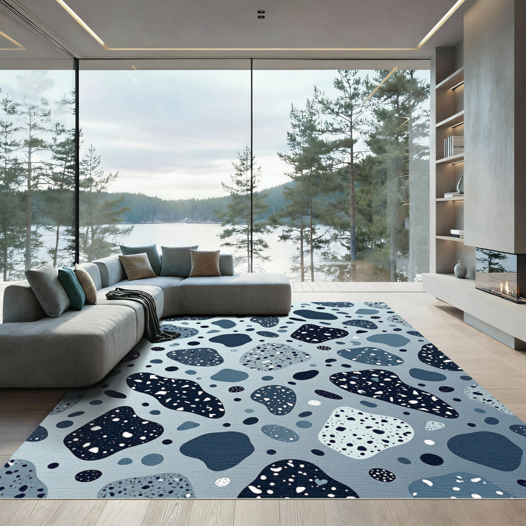 Modern Blue Terrazzo Speckled Abstract Rug
