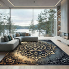 Elegant Gold Silver Ornate Medallion Rug