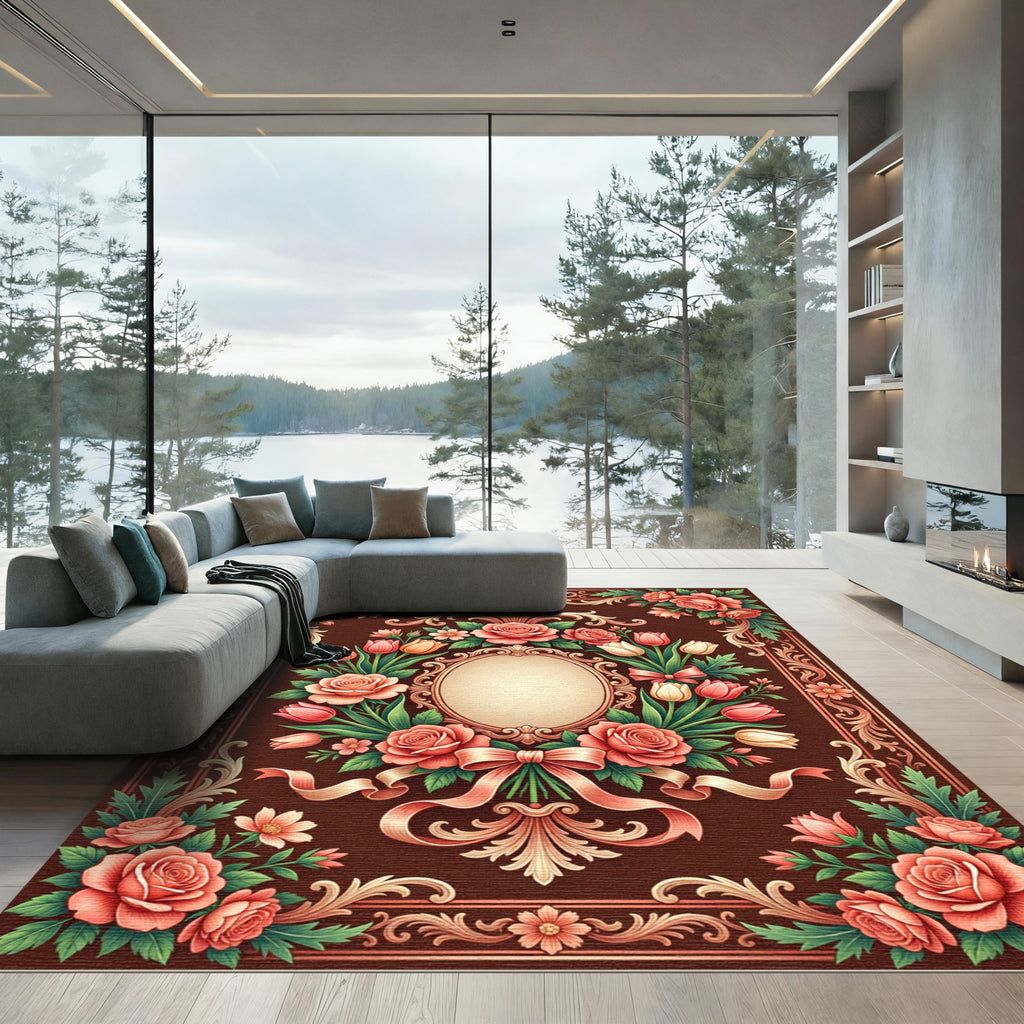 Elegant Rose and Tulip Baroque Frame Rug