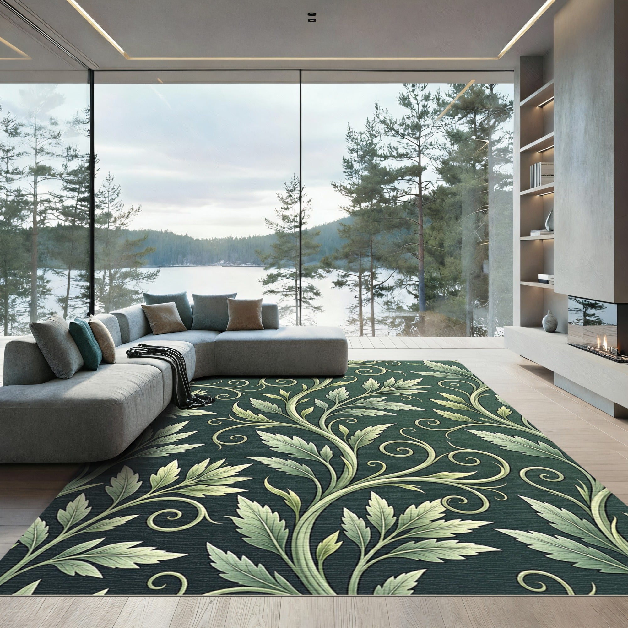 Elegant Sage Green Botanical Scroll Rug