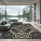 Elegant Black and Gold Filigree Scroll Rug