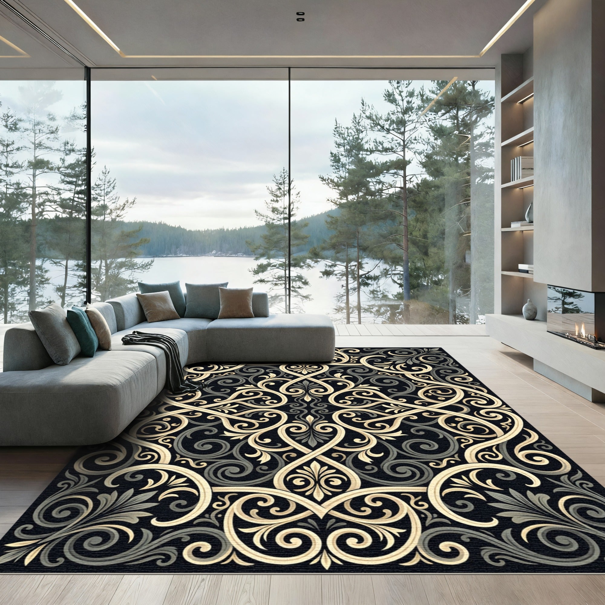 Elegant Black and Gold Filigree Scroll Rug