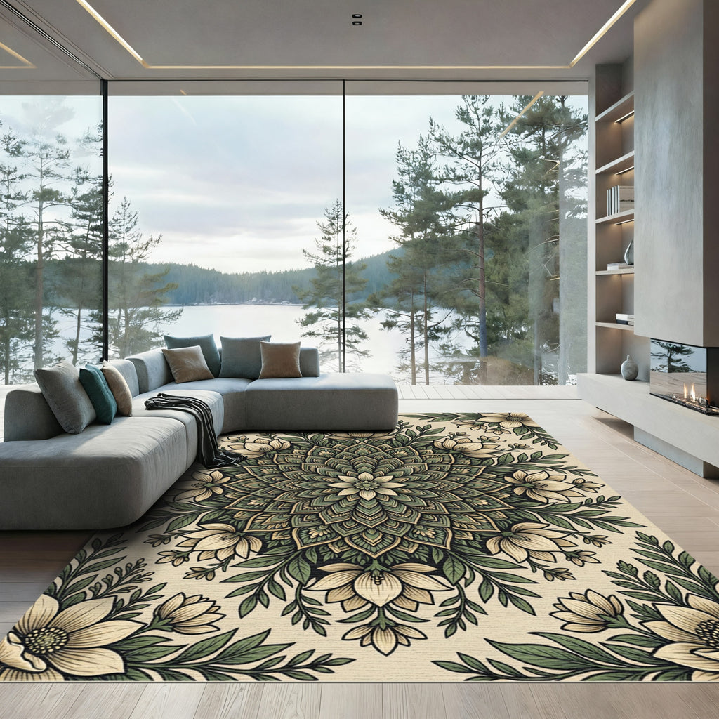 Sage Green Floral Mandala Medallion Rug