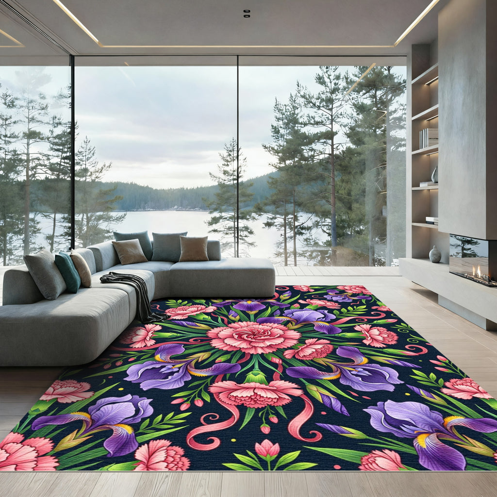 Vibrant Pink Carnation and Purple Iris Rug