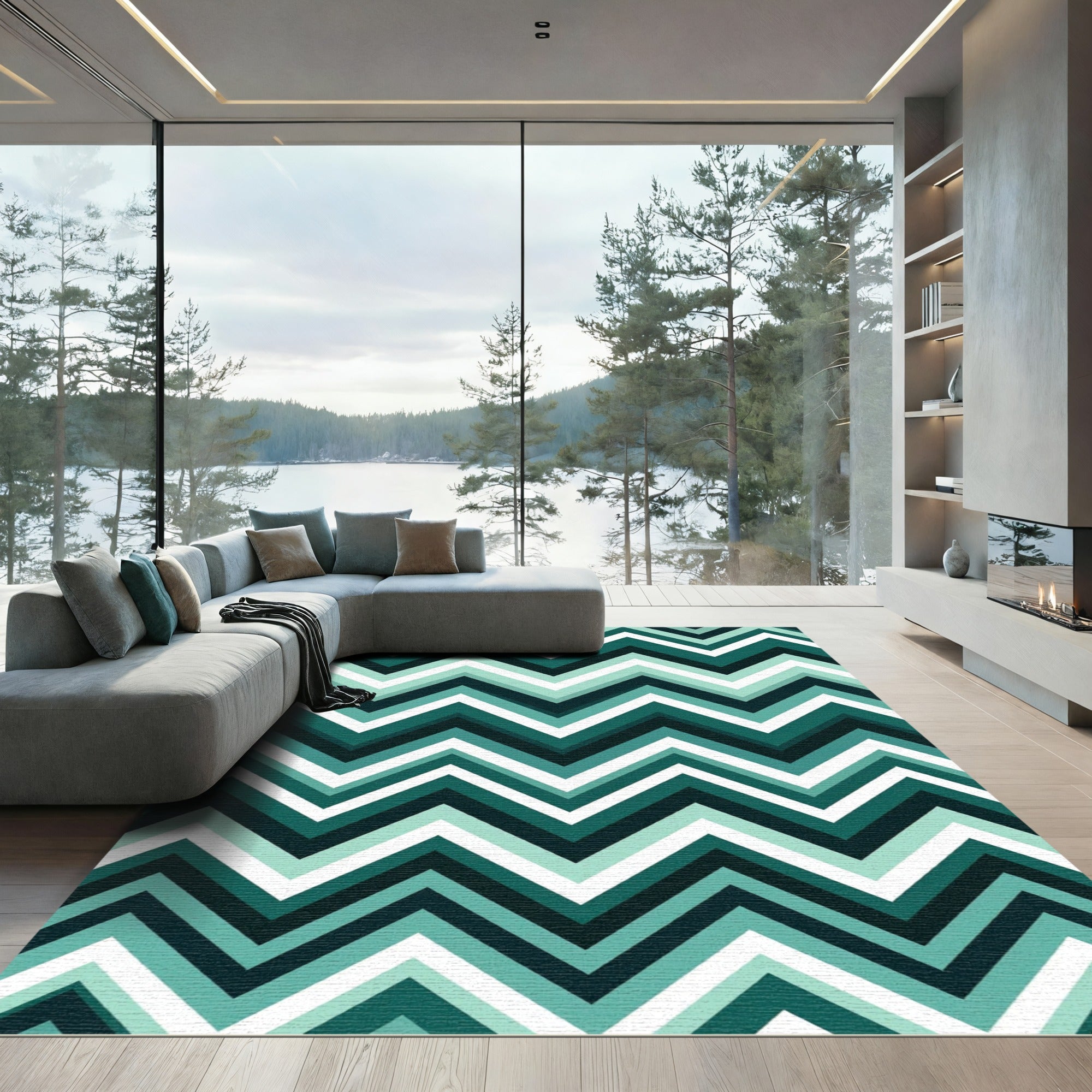 Modern Teal Chevron Geometric Zigzag Rug