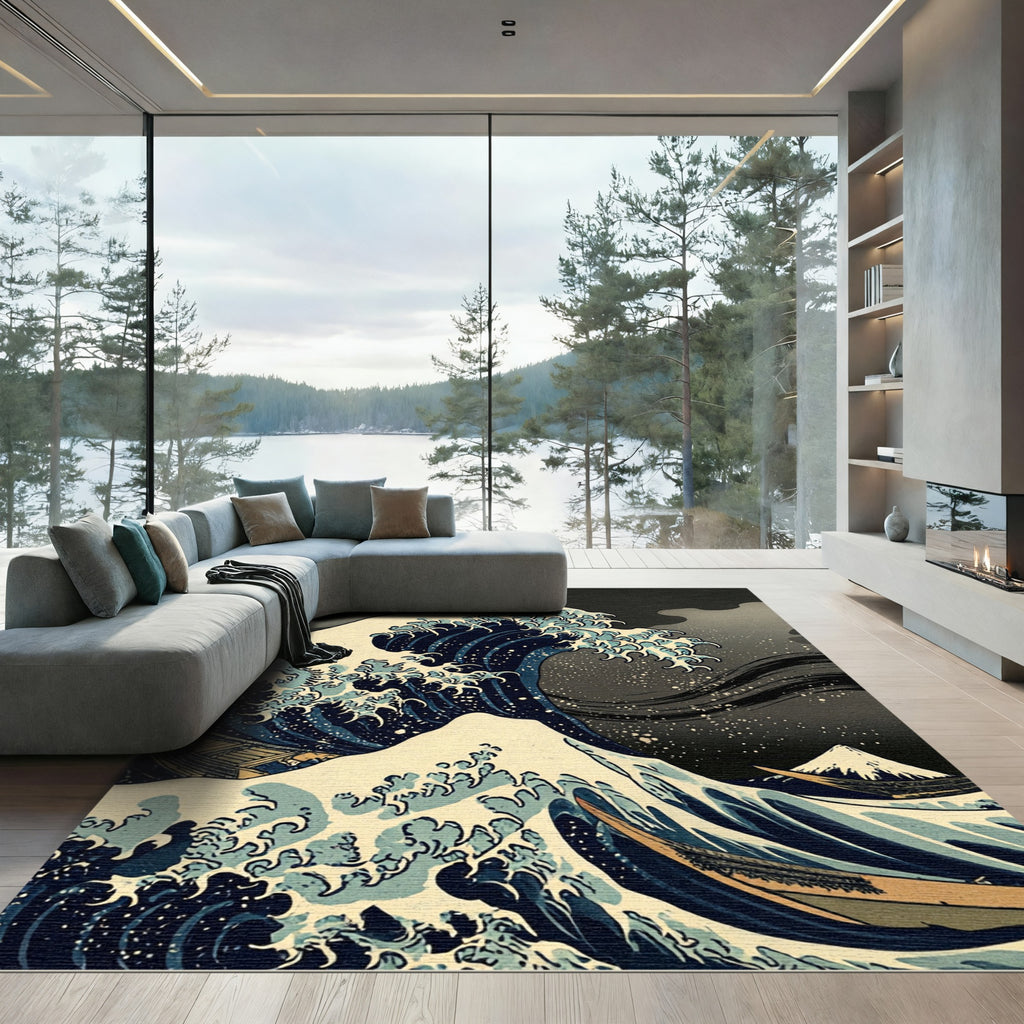 Deep Blue Oceanic Wave Art Rug