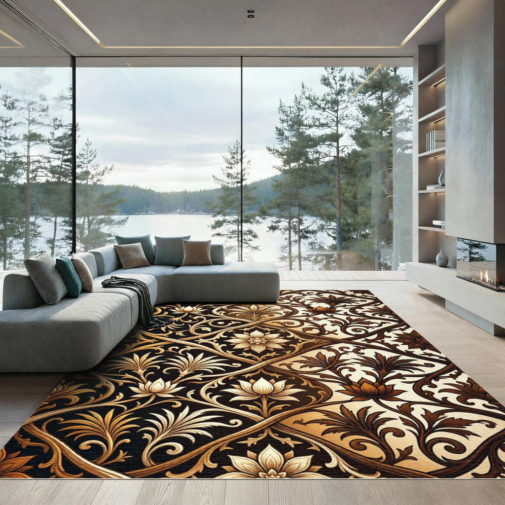 Opulent Gold Cream Floral Damask Rug