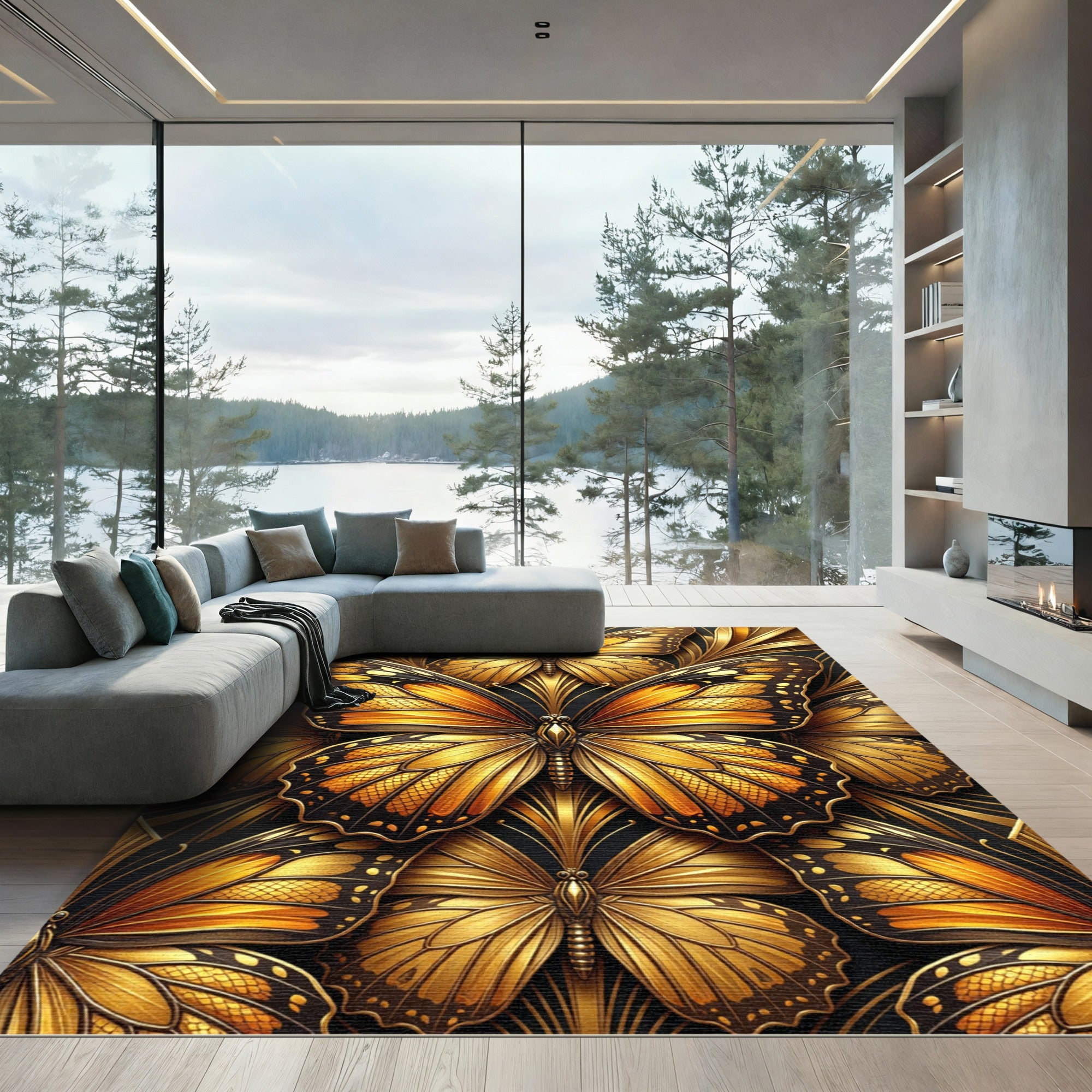 Ornate Golden Butterfly Foliage Art Rug