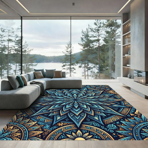 Blue Gold Mandala Lotus Sacred Geometry Rug