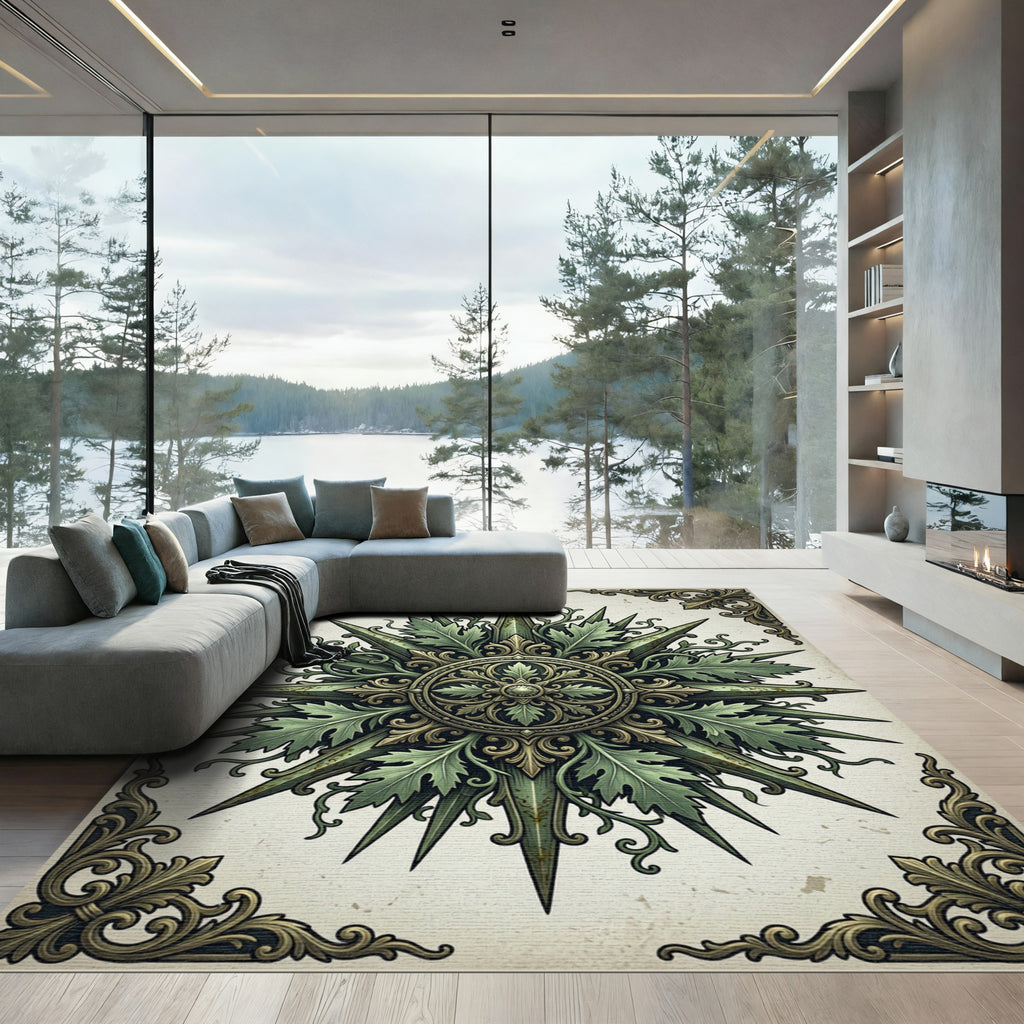 Ornate Sage Botanical Compass Medallion Rug