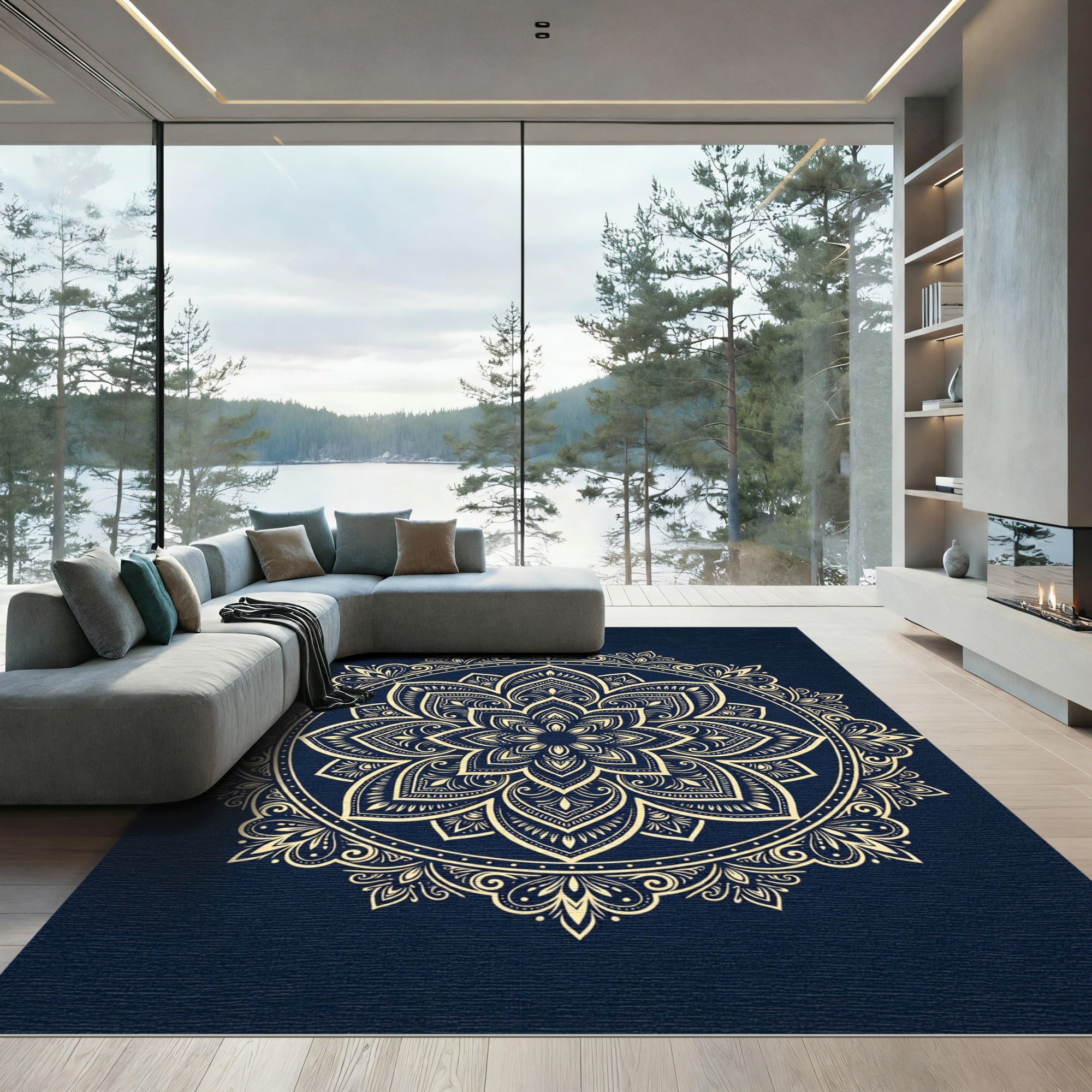 Golden Mandala Navy Circular Medallion Rug