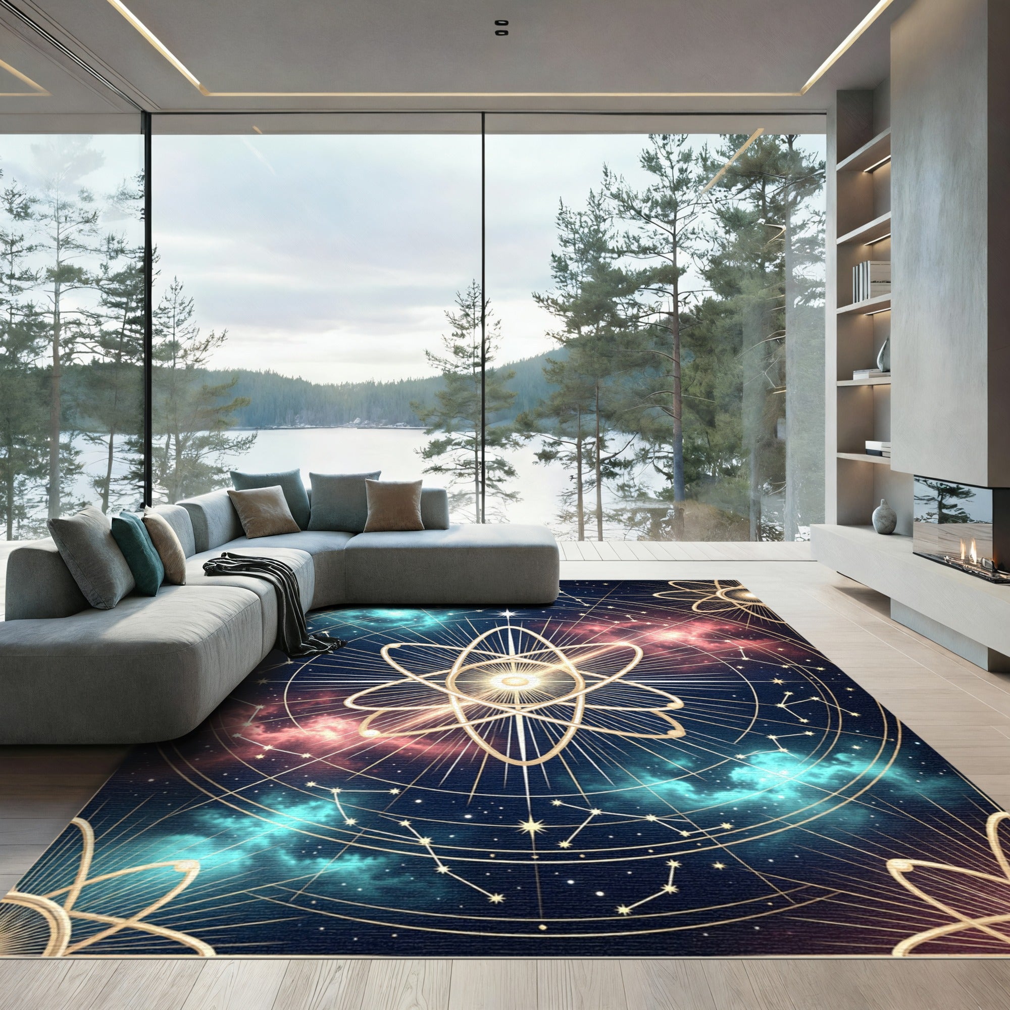 Celestial Nebula Golden Atom Galaxy Rug