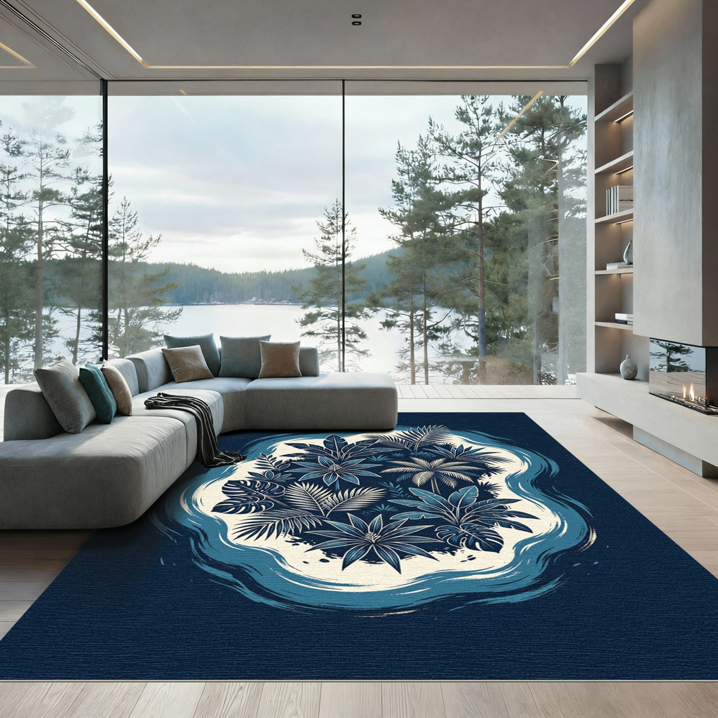 Deep Blue Tropical Foliage Abstraction Rug