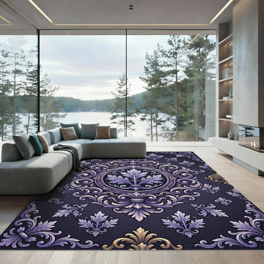 Ornate Scrollwork Lavender Gold Medallion Rug