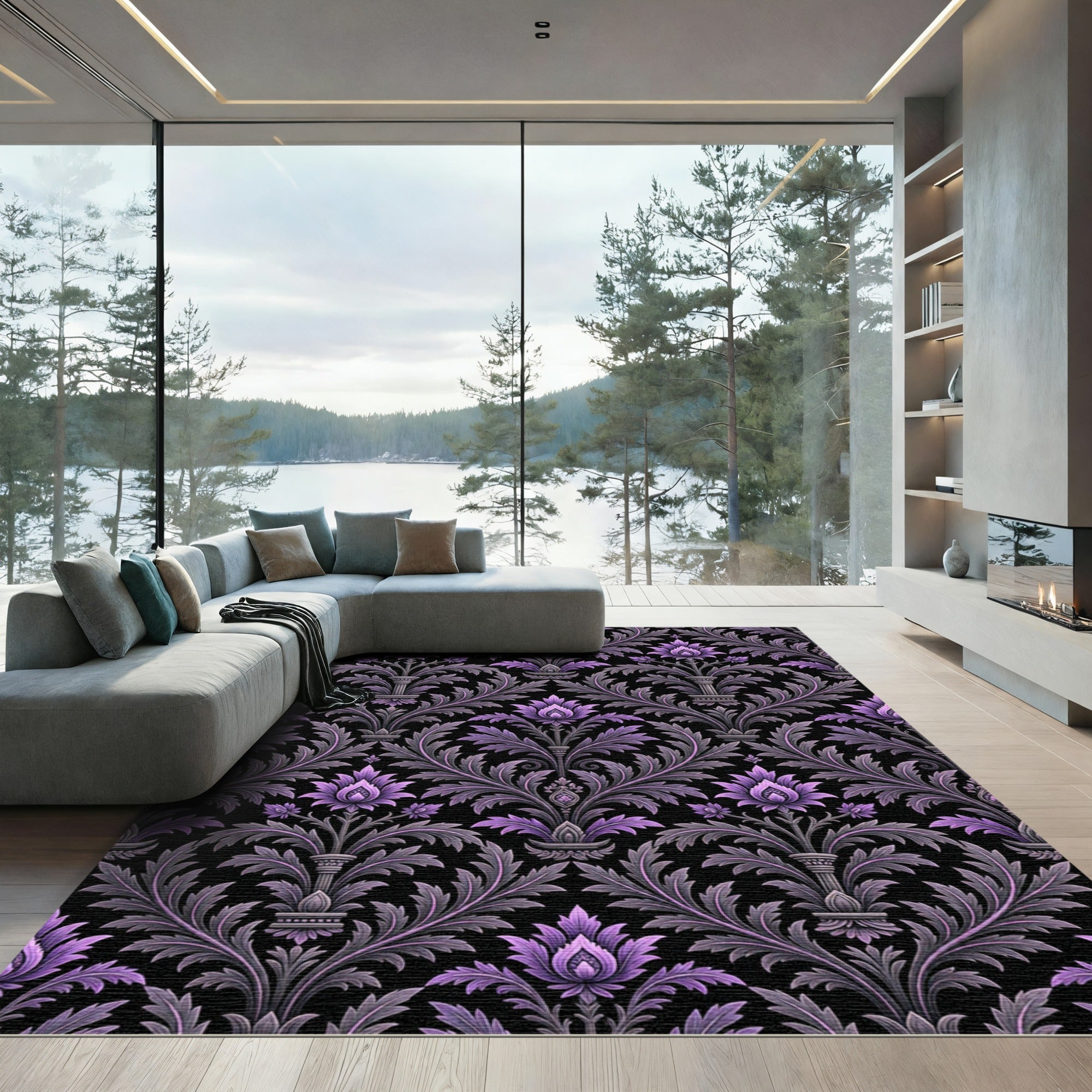 Ornate Amethyst Floral Victorian Damask Rug