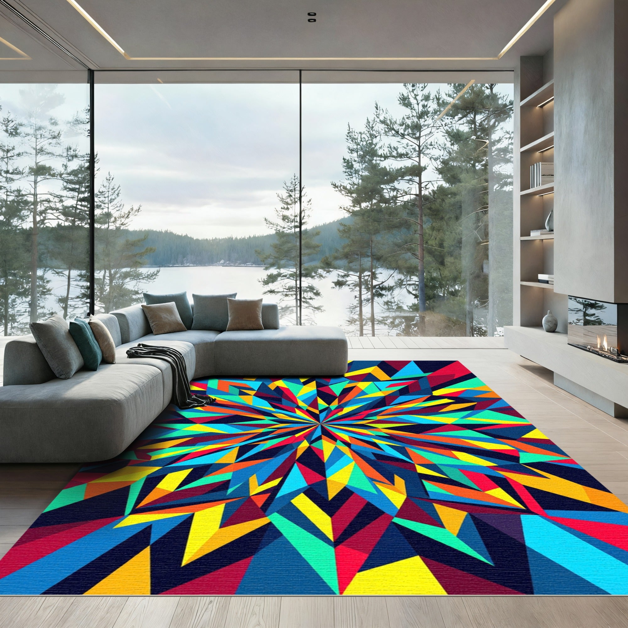 Vibrant Geometric Radiant Multicolored Kaleidoscope Rug