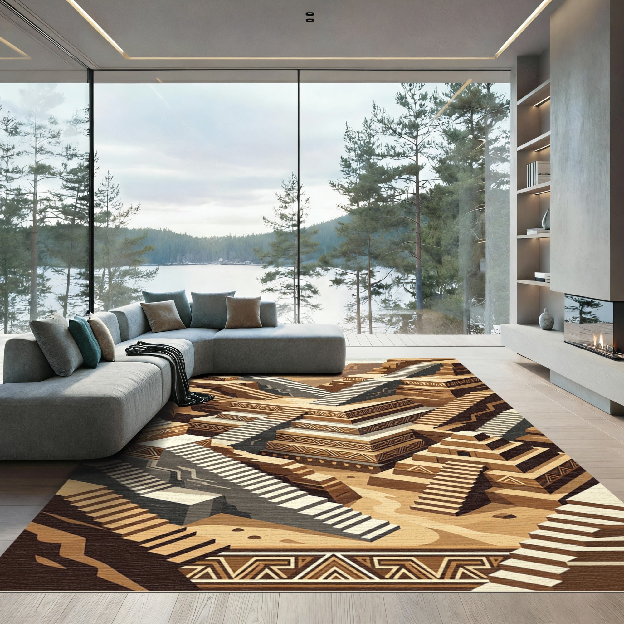 Earthy Brown Geometric Stairway Landscape Rug