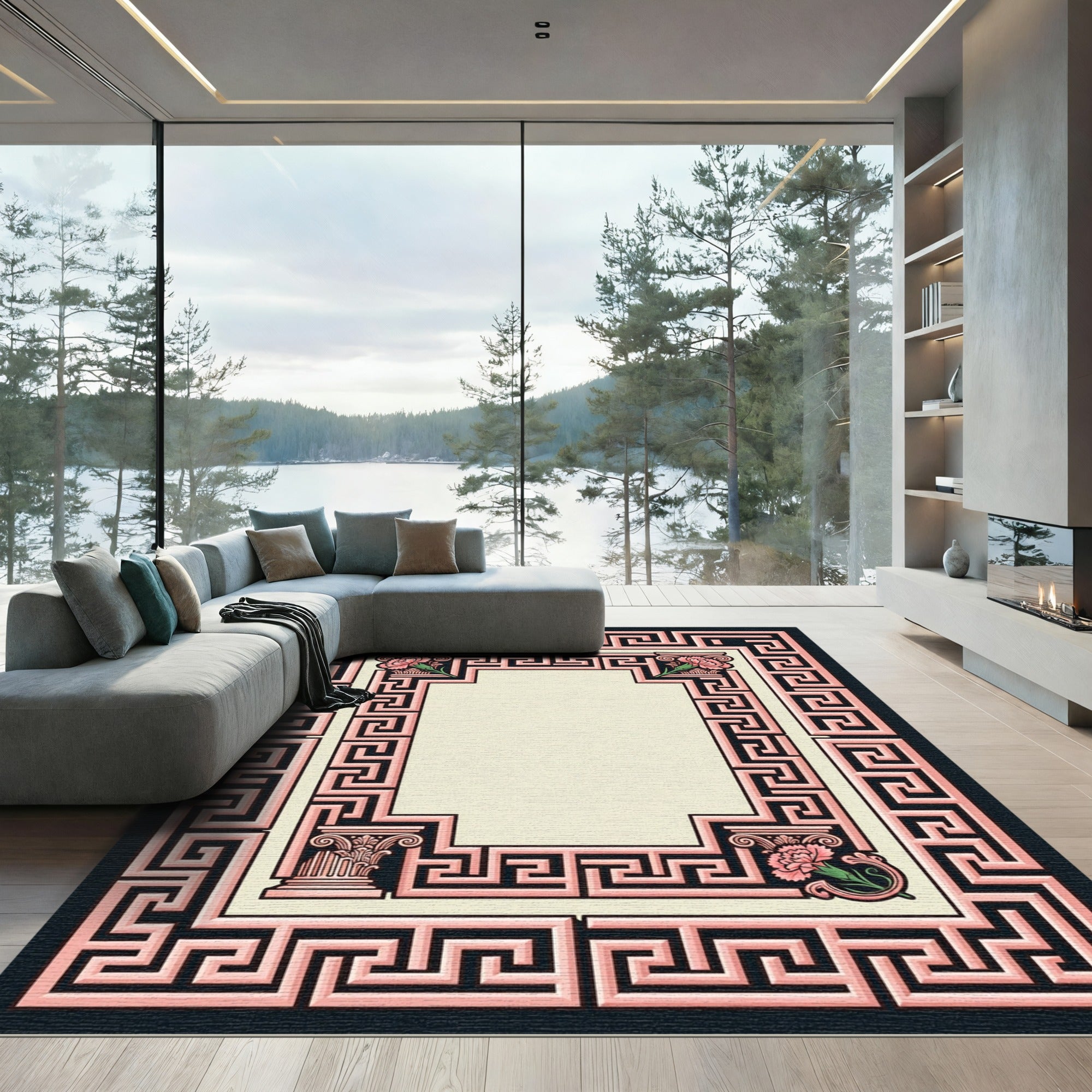 Pink Greek Key Floral Pillar Frame Rug