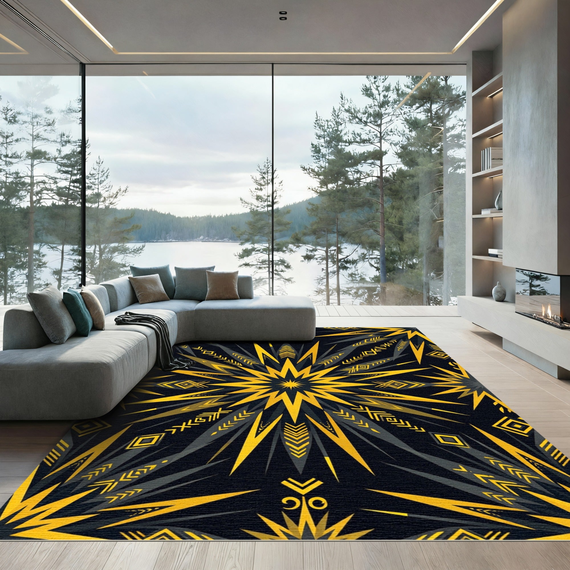 Geometric Gold Black Radiant Starburst Rug