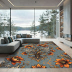 Golden Orange Floral Botanical Damask Rug