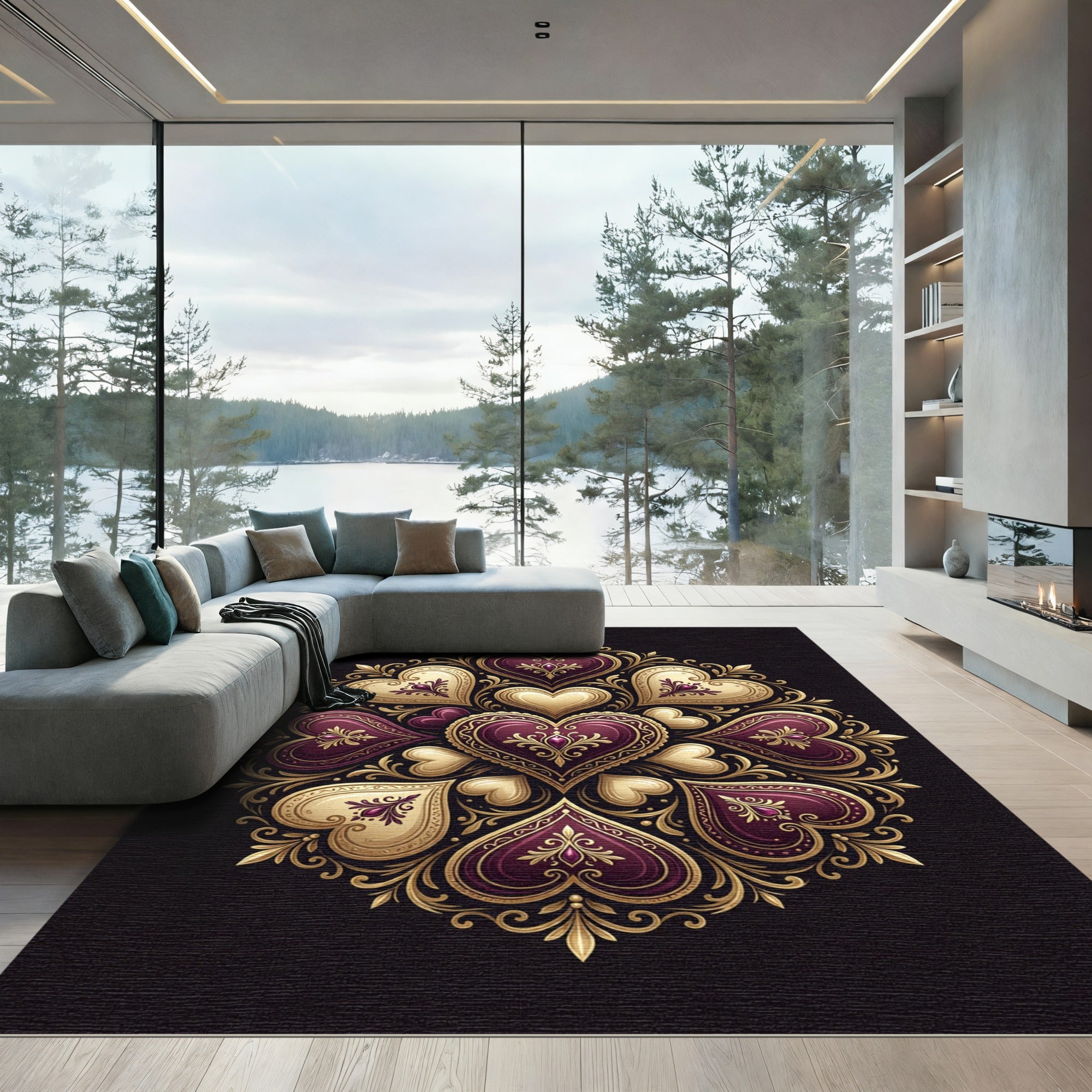 Ornate Hearts Mandala with Gold Accents Rug