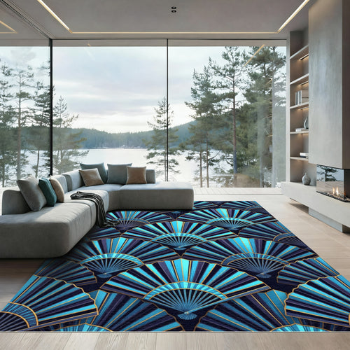 Art Deco Blue Gold Fan Repeat Rug