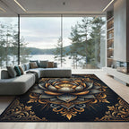 Ornate Golden Charcoal Lotus Mandala Rug