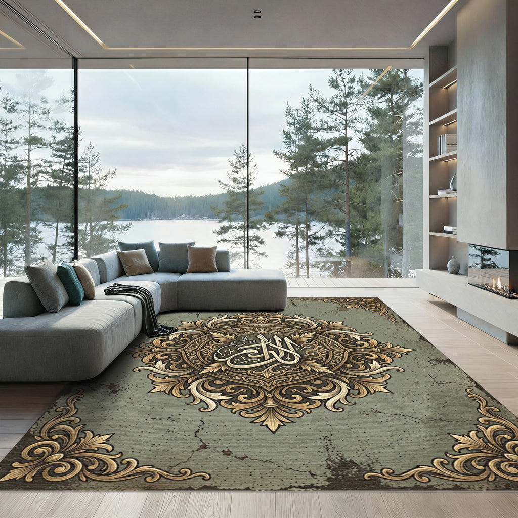 Vintage Gold Ornate Damask Medallion Rug