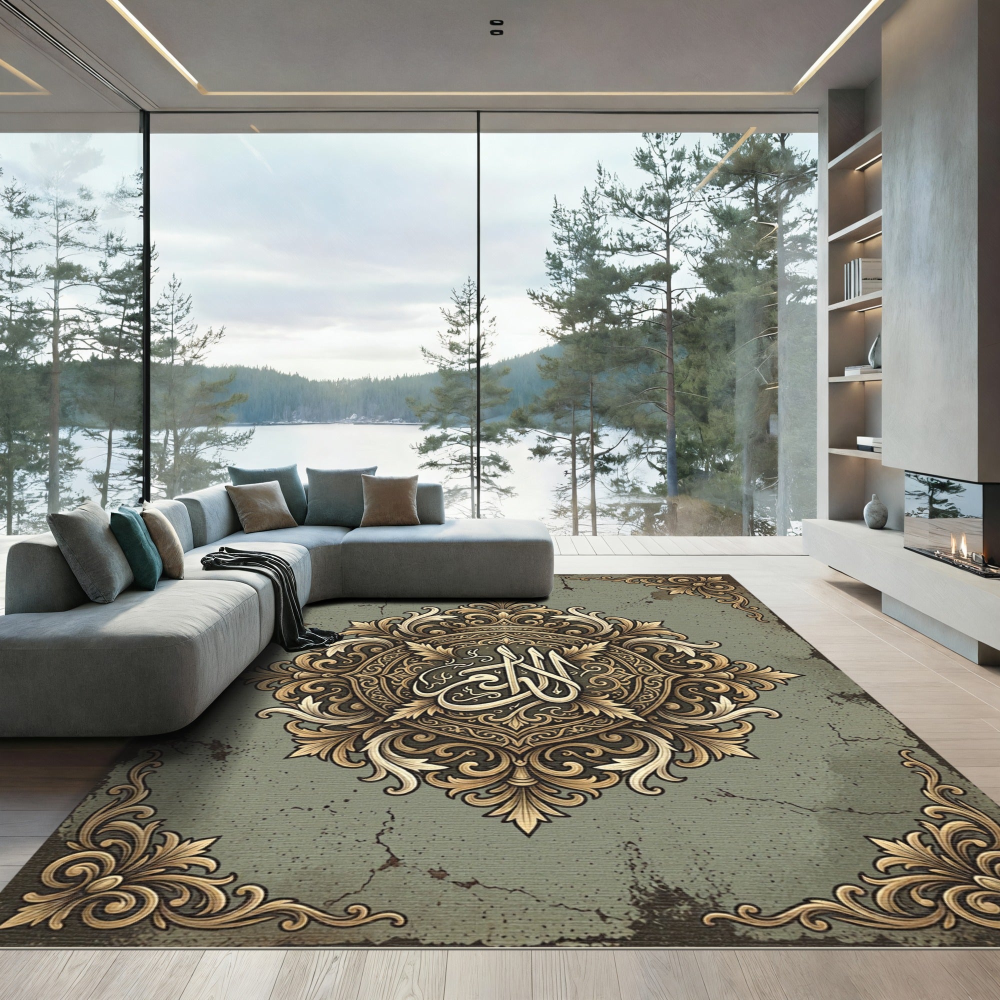 Vintage Gold Ornate Damask Medallion Rug