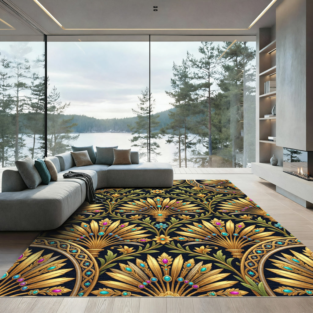 Elegant Gold Peacock Fan Jewel Tapestry Rug