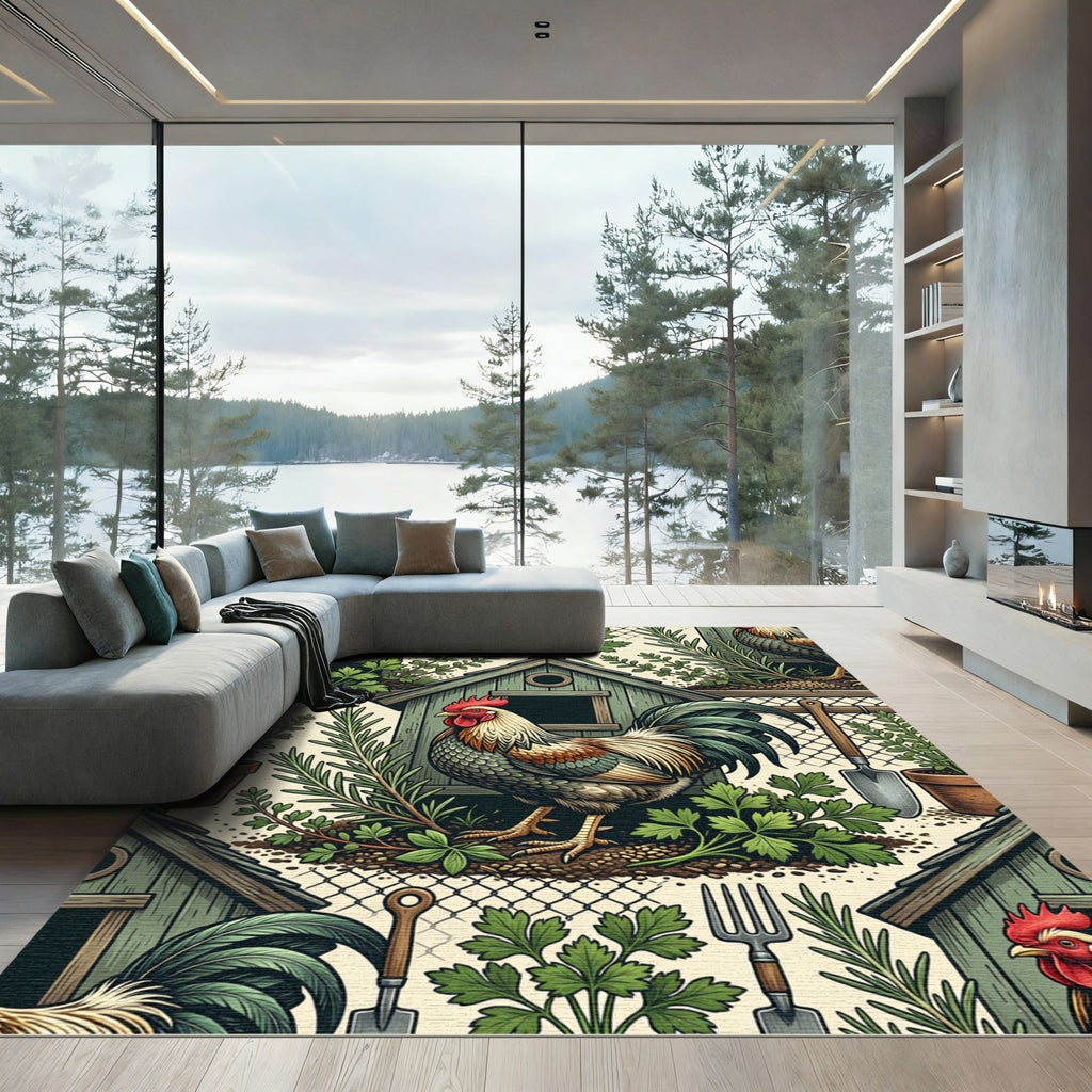 Rustic Rooster and Garden Herb Folk Rug