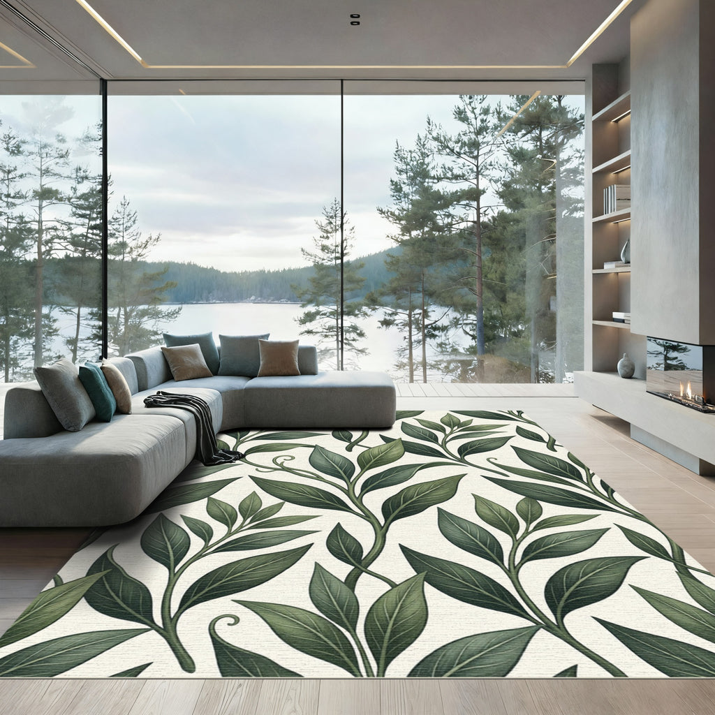 Dark Green Ethereal Leaf Sprigs Rug