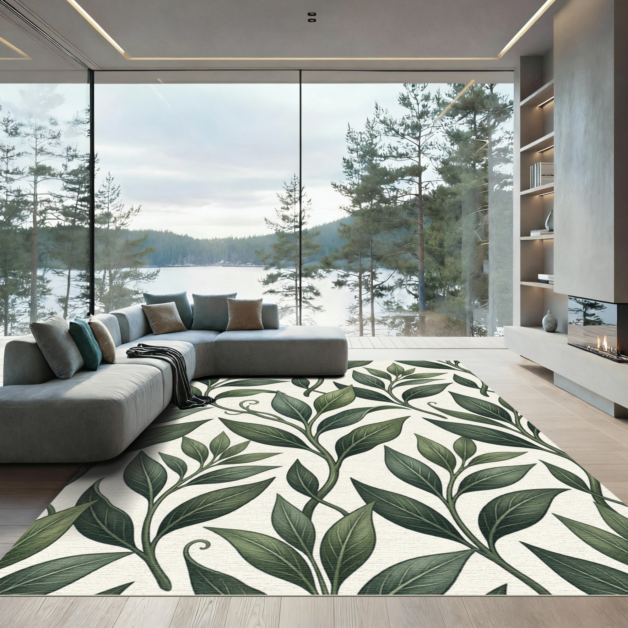 Dark Green Ethereal Leaf Sprigs Rug