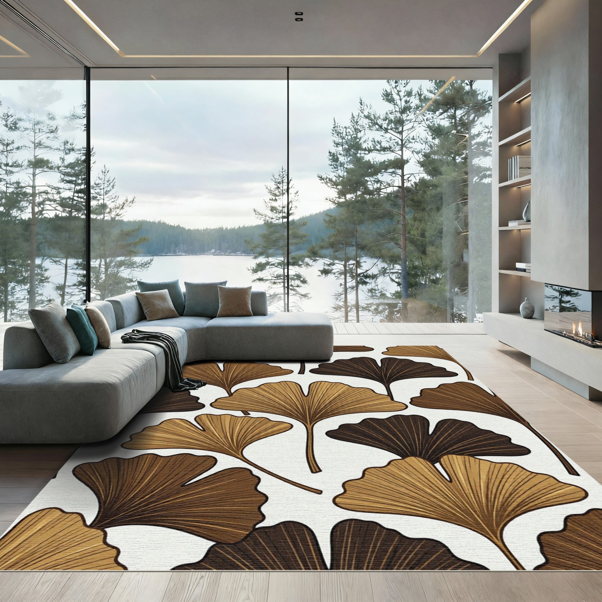 Earthy Brown Ginkgo Leaves Repeat Rug