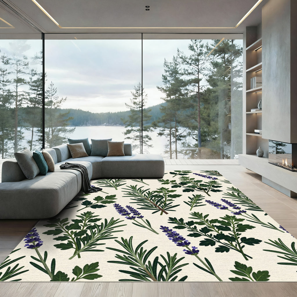 Botanical Rosemary and Lavender Cream Herb Garden Rug