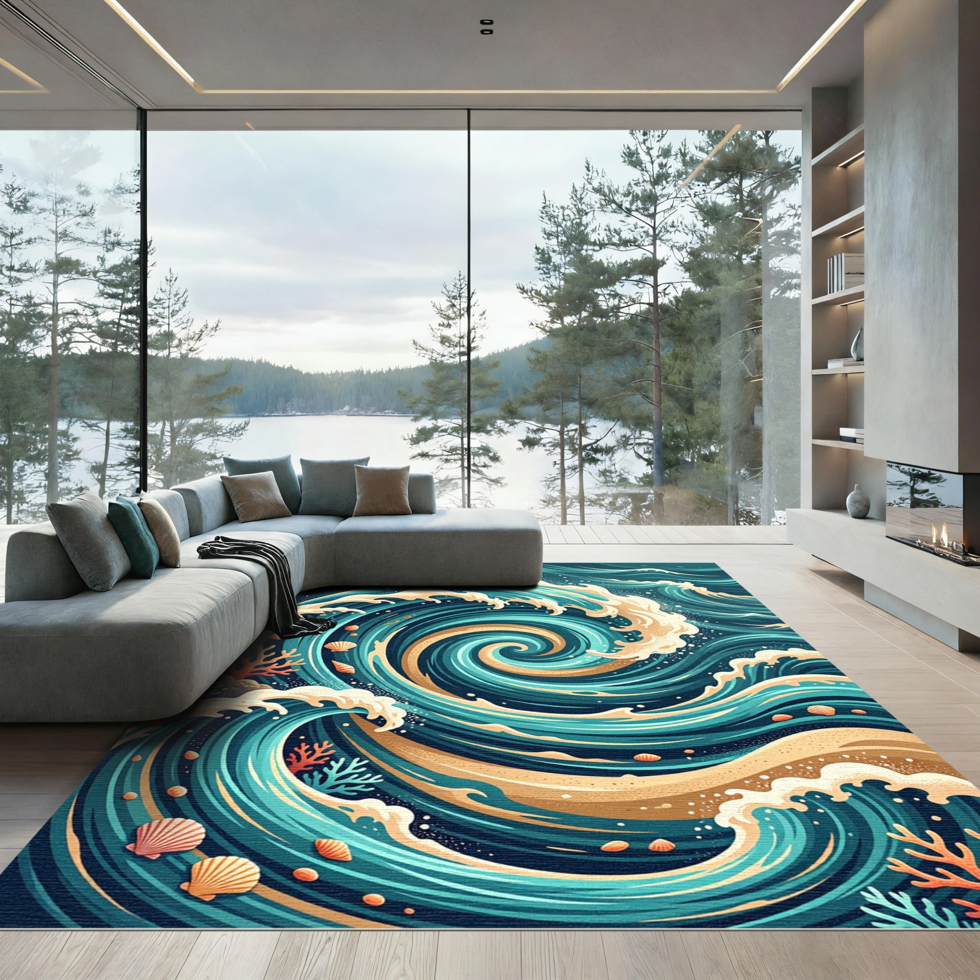 Coastal Teal Swirl Wave Ocean Rug