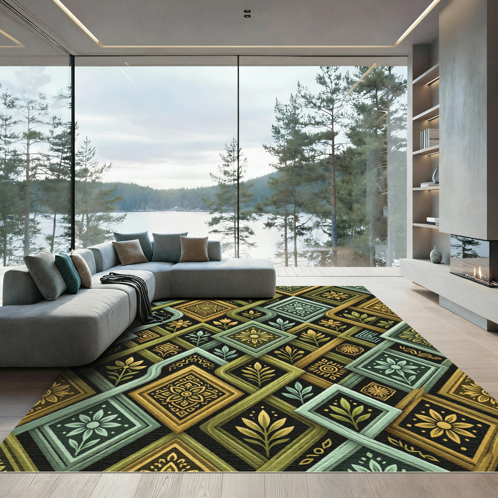 Golden Sage Diamond Floral Overlay Rug
