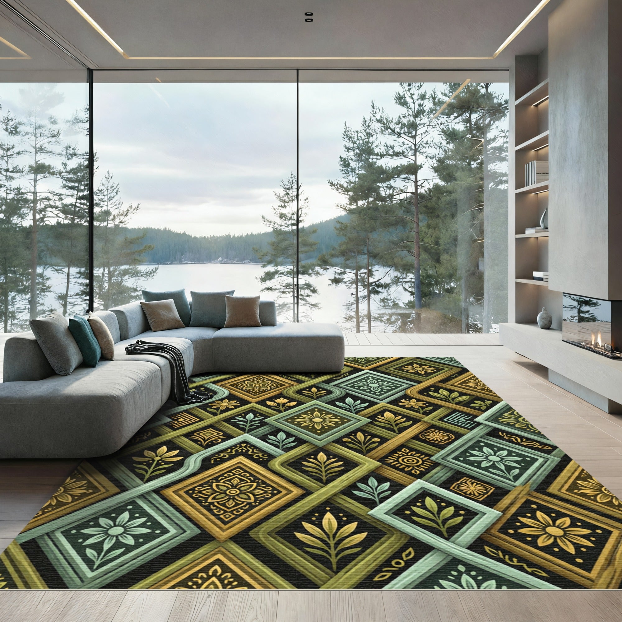 Golden Sage Diamond Floral Overlay Rug
