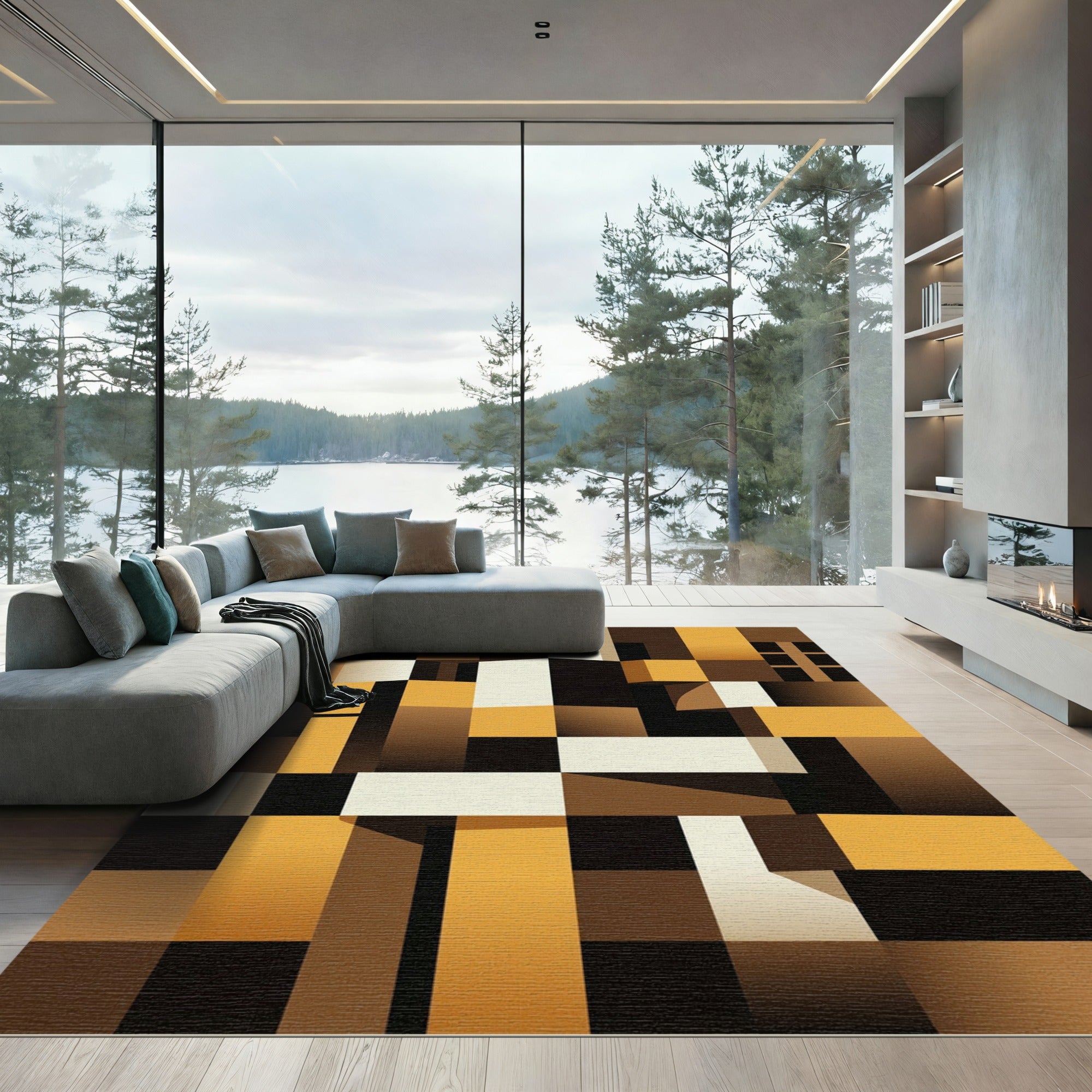 Modern Geometric Cubist Blocks Rug