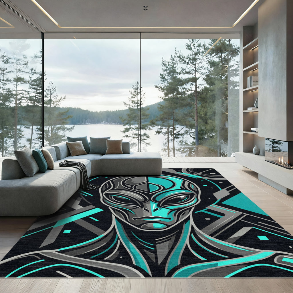 Futuristic Teal Gray Alien Geometric Radiance Rug