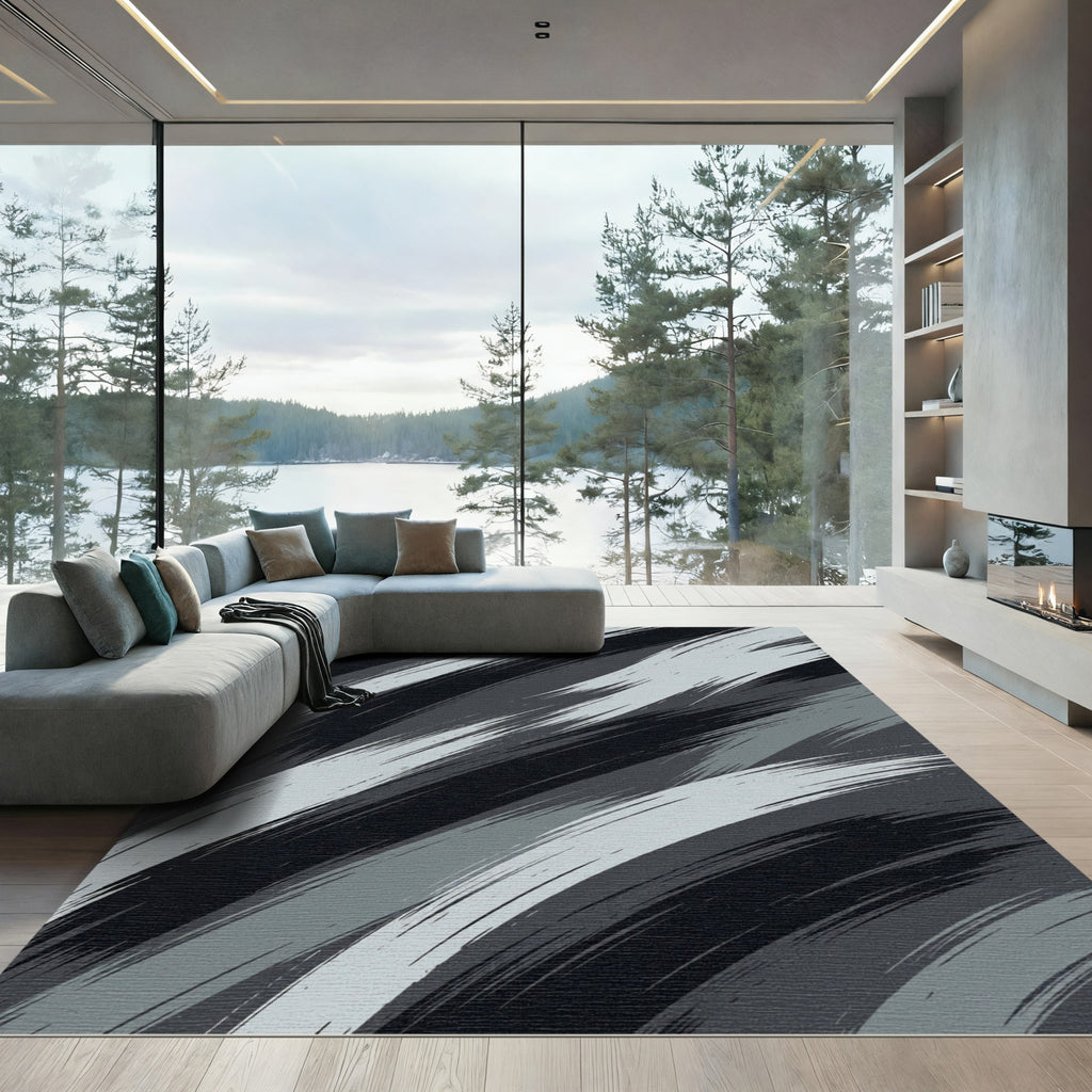 Modern Monochromatic Gray Abstract Brushstroke Rug