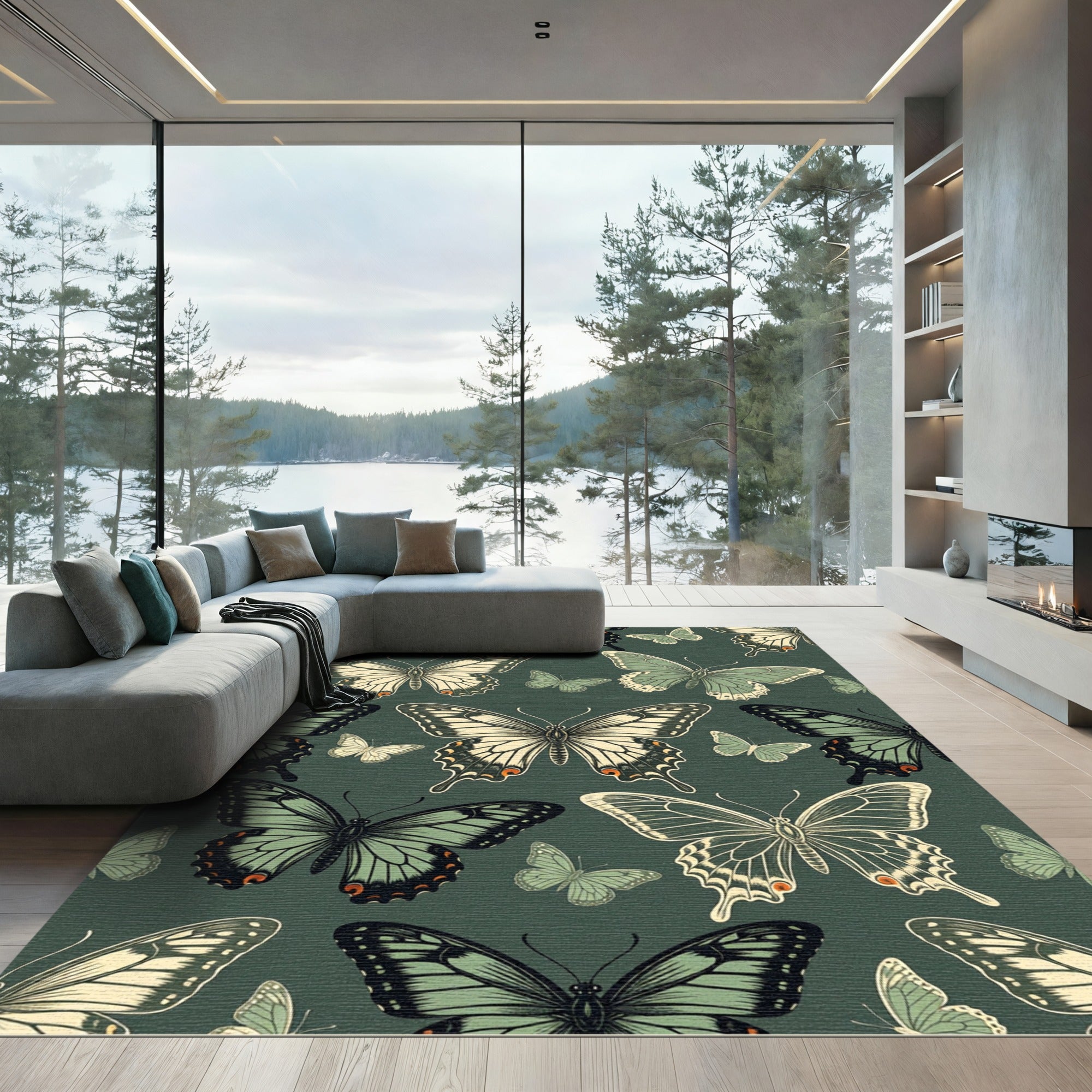 Sage Green Whimsical Butterfly Garden Rug