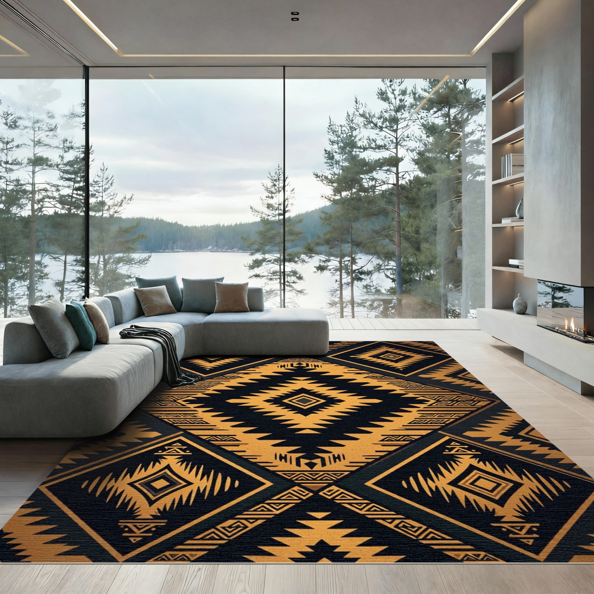 Golden Aztec Diamond Geometric Rug