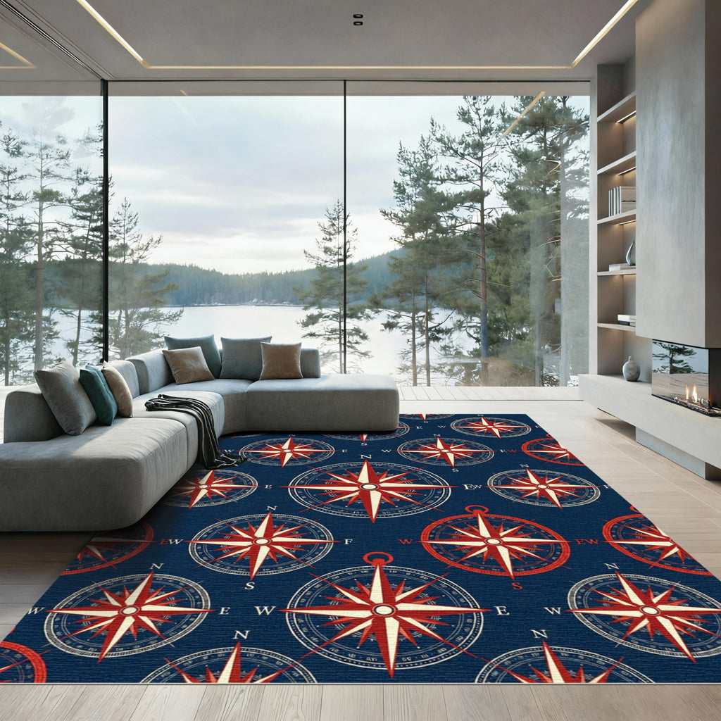 Navy Red Nautical Compass Star Rug