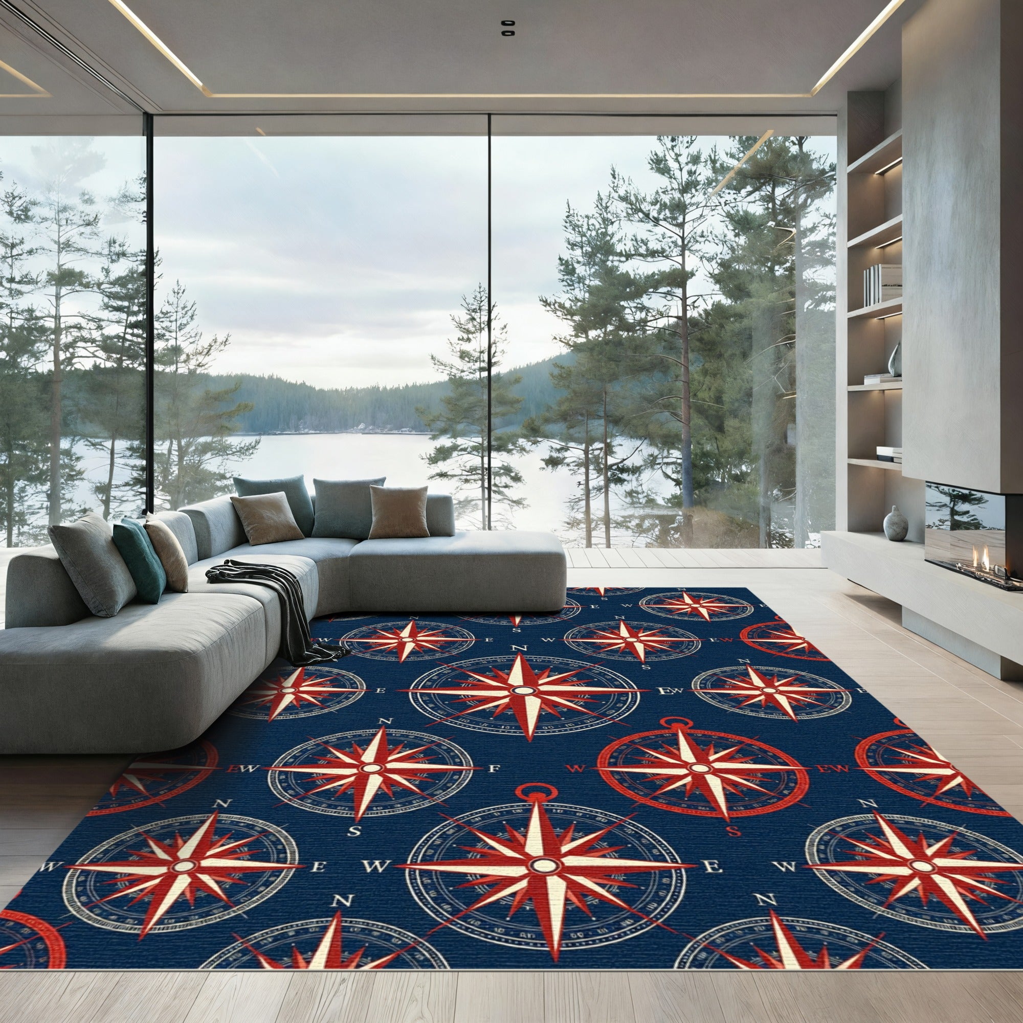 Navy Red Nautical Compass Star Rug