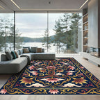 Midnight Gold Lotus Floral Flourish Rug