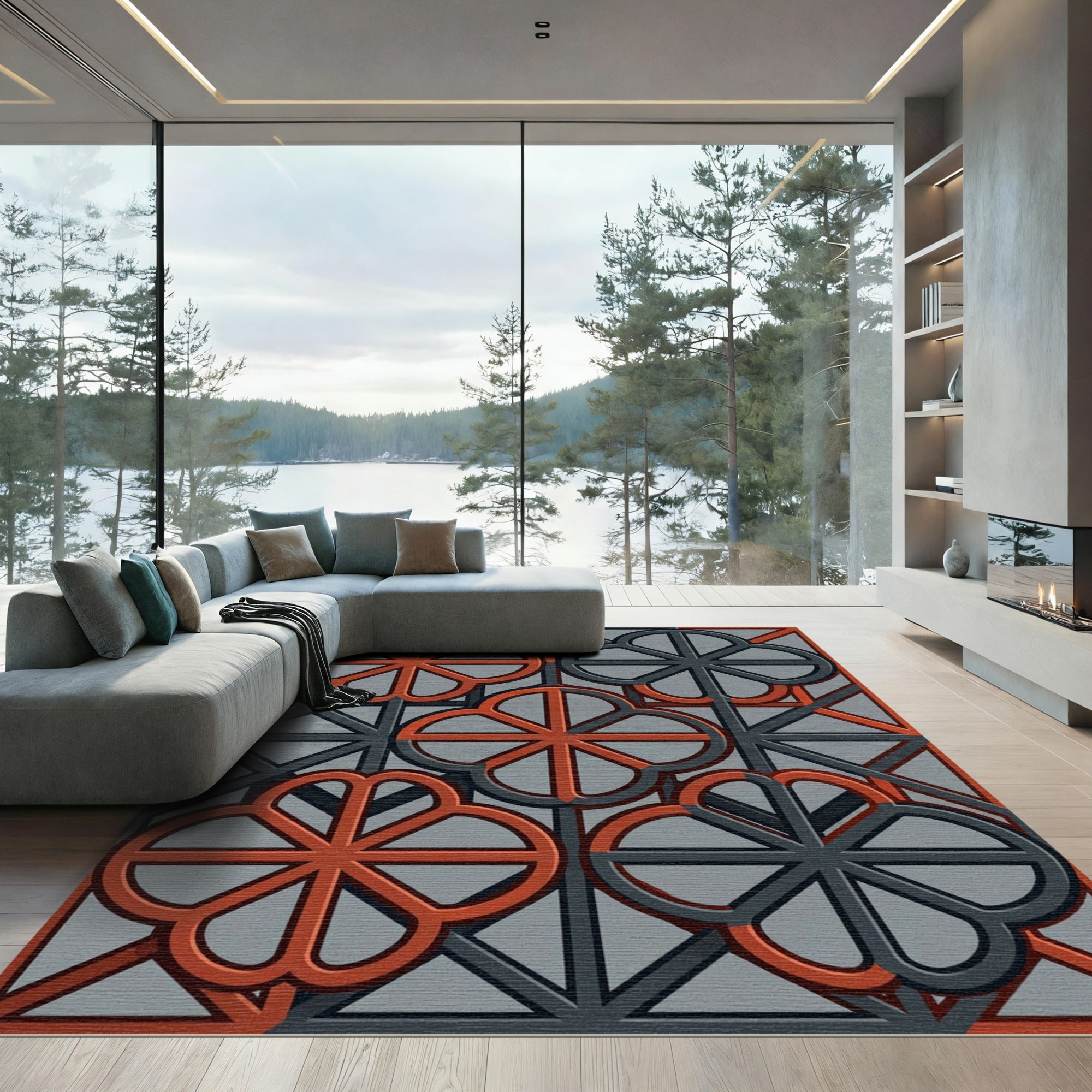 Geometric Quatrefoil Red Gray Pattern Rug